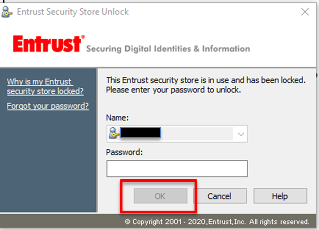 Entrust window, where the PKI file is selected (if not already selected) and password is entered.